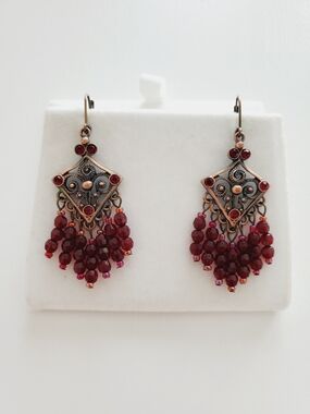 Bohemian Garnet Red Beaded Dangle Earrings - Unbranded